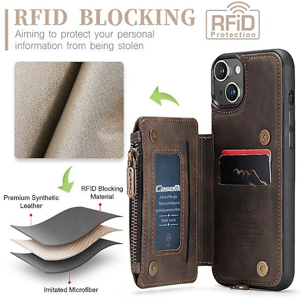 Caseme C20 Multifunktionel RFID Læder Mobiltelefonetui til iPhone 15 Brown 15 Pro Max