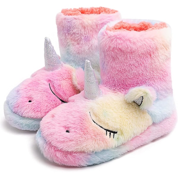 Sateenkaariyksiönten tossut/ söpöt pörröiset tyttöjen tossut/ mukavat plushiset sisä- ja ulkotossut naisille/ parhaat yksiönten lahjat Unicorn Boots 12.5-14 Little Kid