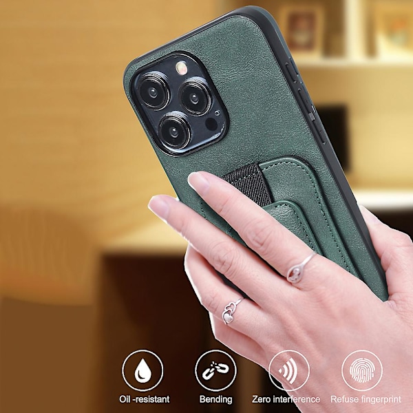 iPhone 15 Pro PU-nahkainen TPU-puhelinkotelo, jossa pyörivä käsihihna, jalusta ja korttipidike Green