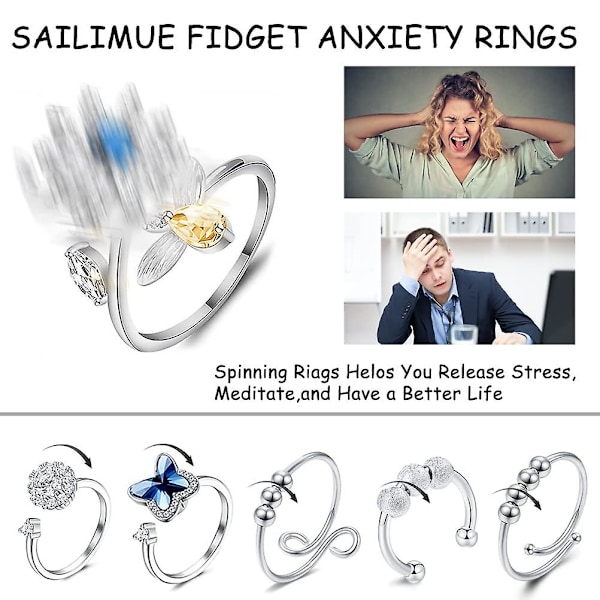 6 stk. Anti-angst Fidget Ring til kvinder, åben justerbar ring, bi daisy ringe sæt til kvinder piger stress relief