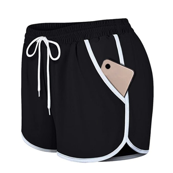 Dame dobbeltlags snoretræk Elastiske talje atletiske shorts med lommer, sort-L Black L