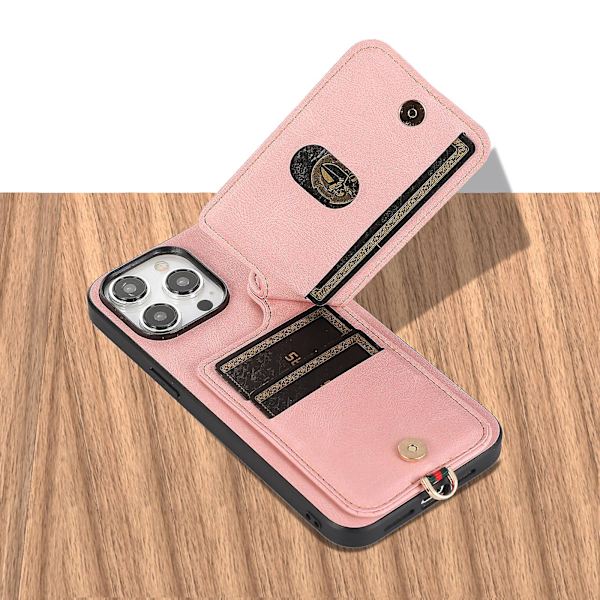 Fodral för Iphone 14 Pro Max med stativ och kortfack i TPU+läder Pink