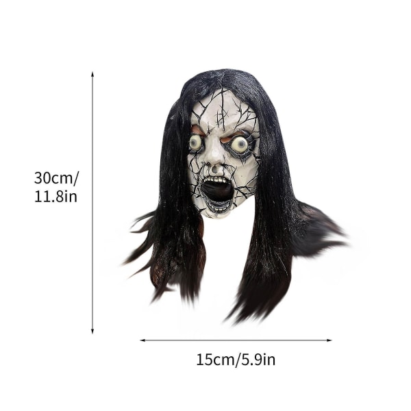 Black Hair Grimace Mask Halloween Full Head Latex Creepy Long Hair Evil Headgear Horror Scary Ghost Funny Party Cosplay Costume