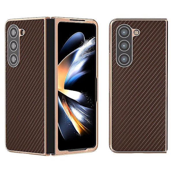 Elektropletning kulfiber tekstur PU læderbelagt PC telefoncover til Samsung Galaxy Z Fold5 5g Brown