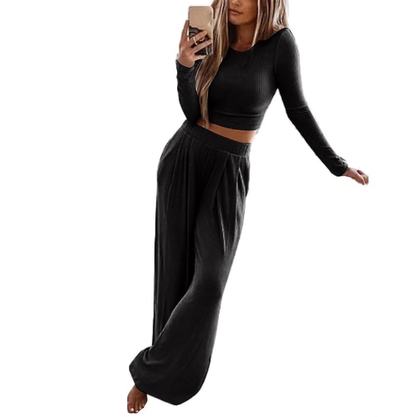 Kvinder ensfarvet langærmet afslappet outfit Strikkede toppe Bukser 2-delt strik Buksersæt med brede ben Loungewear Plus Size Black S