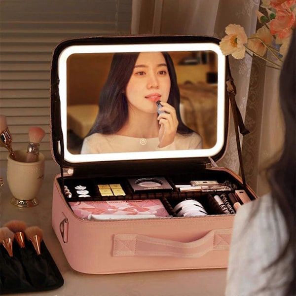 Makeup-kuffert med Justerbar Lysstyrke LED-Spejl Kosmetik Rejsetaske Justerbare Skillevægge Toilettaske Pink