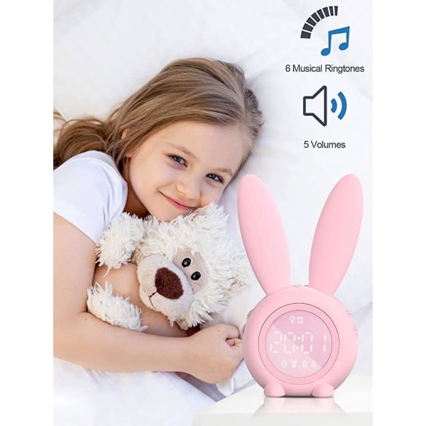 Rabbit Children's Alarm Clock - With Dimmable Wakeup Clock, Rechargeable - Suitable For Children's Bedroom - Pink