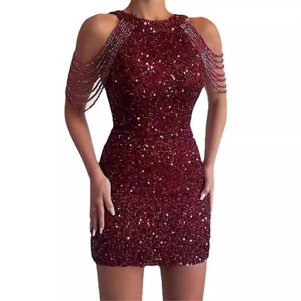 Glittrig Sekvensklänning för Kvinnor, Festklänning med Paljetter, Sekvensklänning med fransar, Bodycon Cocktailklänning, Mini-klänning red XL