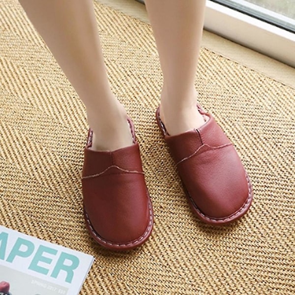 Mäns Mysiga Äkta Ko-Läder Hög Densitet Skum Anti-Halk Sula Tofflor Med Super Mjuk Foder Inomhus/Utomhus WINE SIZE 27 WOMEN
