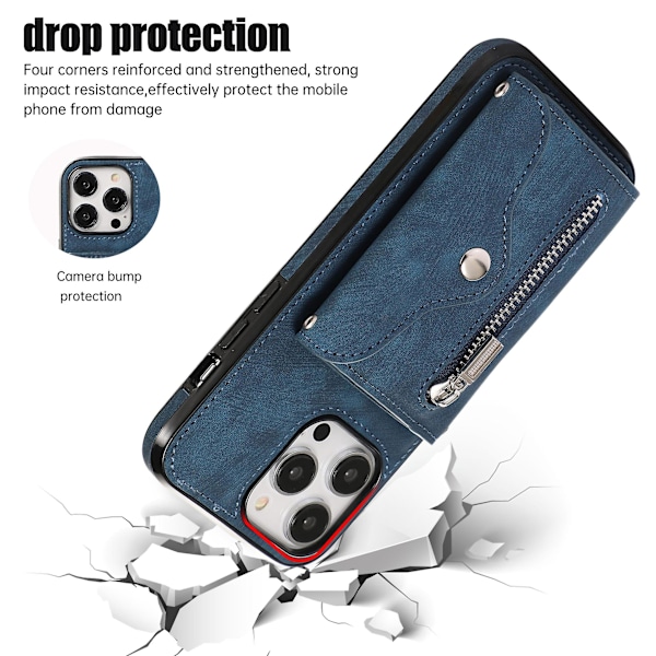 Til Iphone 12 / 12 Pro 6.1 Tommer Pu Læder+tpu Telefon Etui Kickstand Cover Med Rfid Blokerende Kortlomme Blue