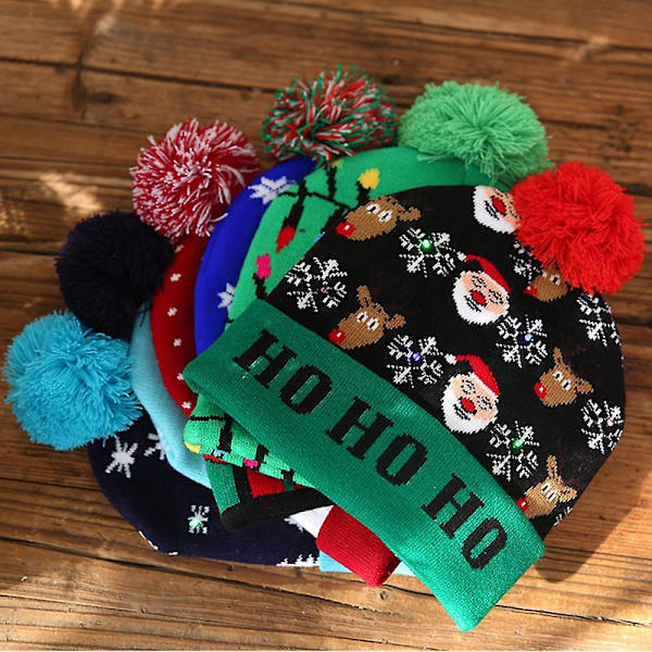 Julepynt 3-mode LED Lys Julehatte Beanie Julemand Hat Lys Op Strikket Hat