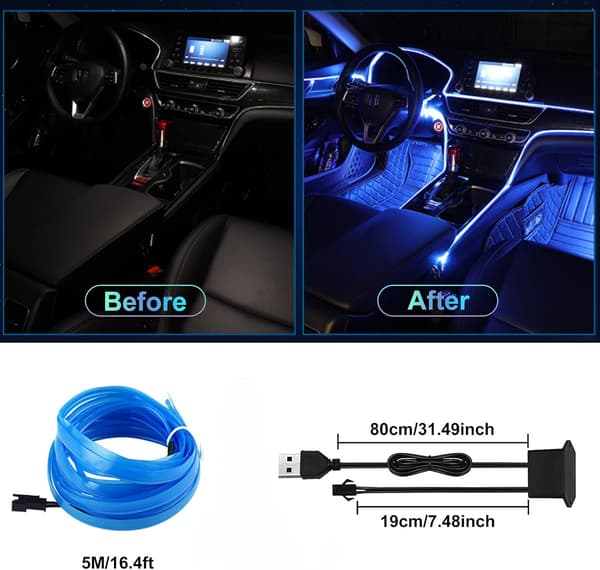 Billagbelysning, 5m LED-lysstripe til bil, 5v Auto LED-stripe til interiør, Passer til alle bilmodeller (Lilla)
