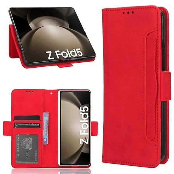 Samsung Galaxy Z Fold5 Skindfølsom Kalveskindstekstur Kortlommer Læder Mobiltelefonetui Med Penholder Red