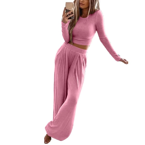 Women's Solid Long Sleeve Casual Outfit Knitted Tops Pants 2 Piece Knitwear Wide Leg Trousers Set Loungewear Plus Size Pink S