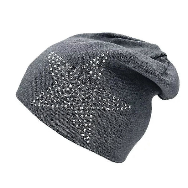 Dame Vinter Varm Strikket Beanie Lue Rhinestone Stjerne Slapp Skull Dobbeltsidig Lue dark grey