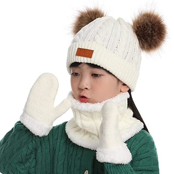 Toddler-hatt i vinterfärg med dubbla pompom-stickade mössor och halsduk i samma färg style 2