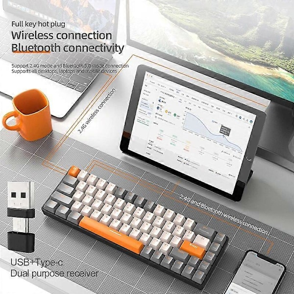 K68 Mekaninen Peliklaviatura 2.4G Langaton BT Bluetooth Langaton Pelikoneen Klaviatura Pelaajan Klaviatura Näppäimet Blue Switch Dark Grey