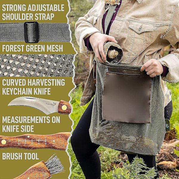 Svampejagt Foraging Taske, Mesh Pose Høsttaske Sammenklappelig Frugtindsamling Plukning Svampekurv Khaki