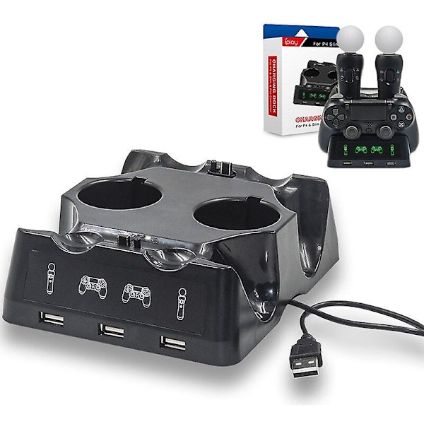4-in-1 USB-latausasema LED-valolla, kaksoislaturiasema PlayStationille, PS4 Move -ohjaimille ja PS4 VR -ohjainten telineelle B