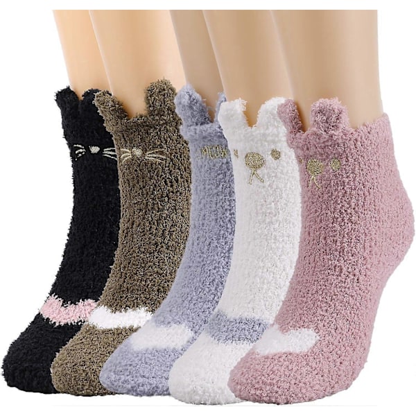 Kattpote Fluffy Sokker for Jenter 5 Par Koselige Sove Sokker
