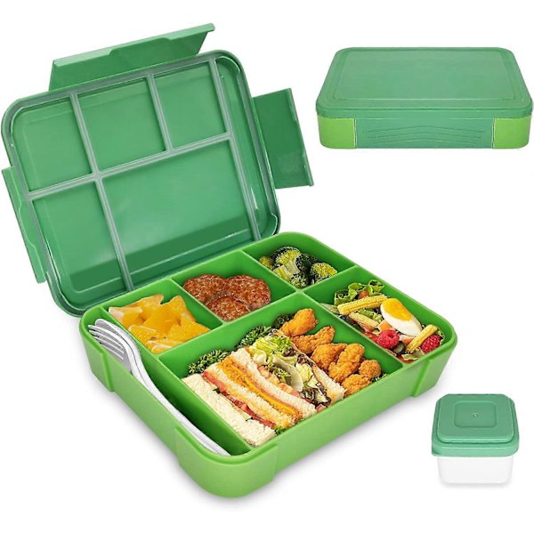 Bento Lunch Box Barn, Bento Lunch Box Vuxna med 5 Fack och 2 Salladsdressingbehållare Green