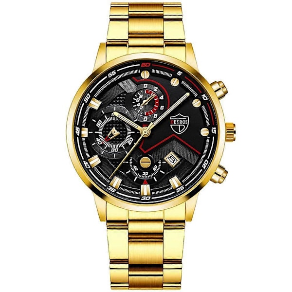 Vanntett Herreklokke Klassisk Rustfritt Stål Kvarts Selvlysende Luksus Armbåndsur Black Sided Gold Needle Gold belt