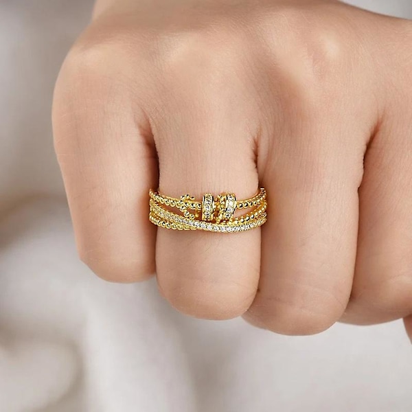 Fidget Ring, Angst Ring til Kvinder, Sølv Ring med Perler Spinner Ring, Stressaflastende Spinner Ringe, Justerbar Åben Ring, Fidget Smykker til Kvinder Gi golden