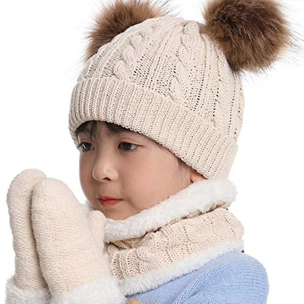 Toddler-hatt i vinterfärg med dubbla pompom-stickade mössor och halsduk i samma färg style 5