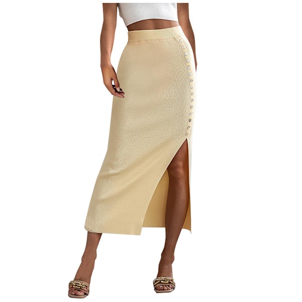 Women Skirts Fashion Women Casual Mid Calf High Waist Button Slit Buttocks  Skirt