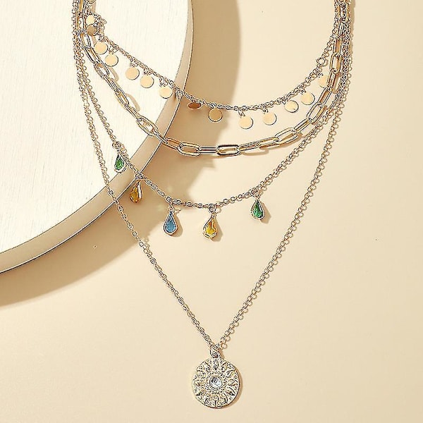 Kvinder Lagdelt Geometrisk Disk Rhinestone Halskæde Guld