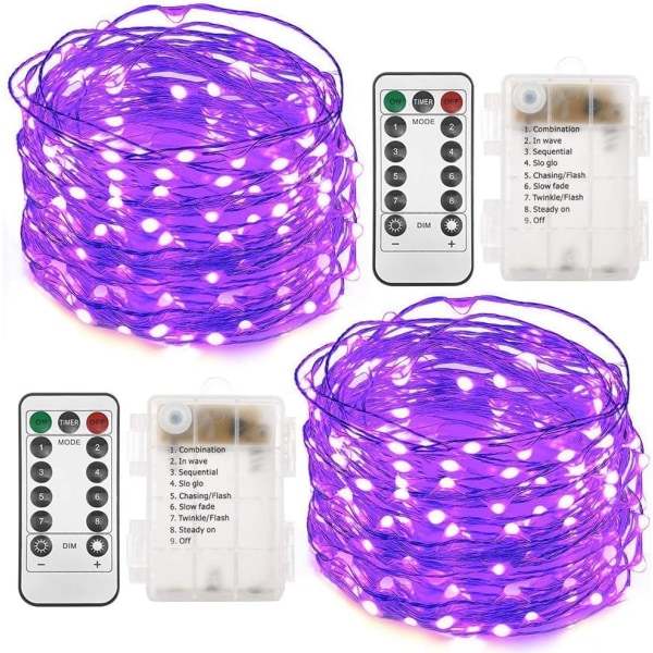 2 Sets Battery Operated Fairy Lights, 33 Feet 100 LED String Lights, Remote Control Timer, 8 Modes, 10 Meter Purple