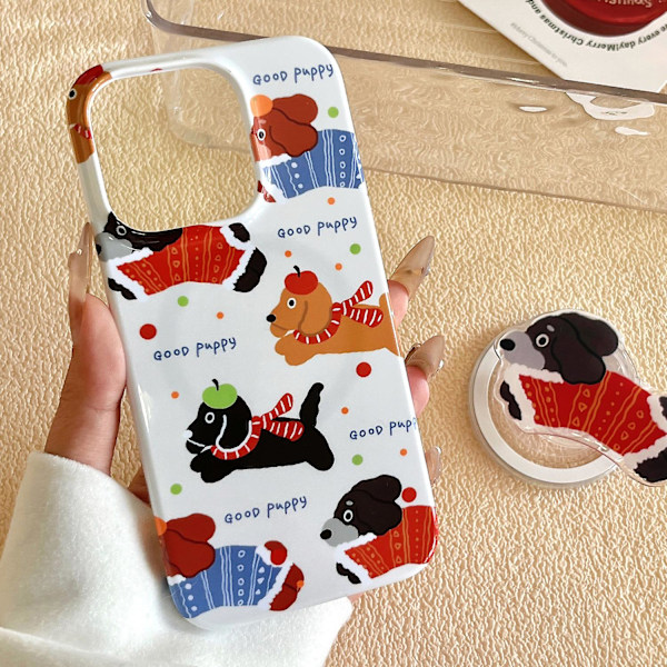 For iPhone 15 Case Glossy Fashion Magnetic Phone Back Cover Doodle Puppy Design