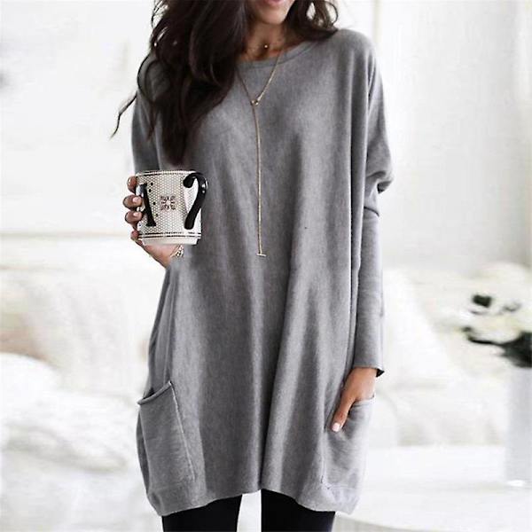 Naisten Pluskokoinen Pitkähihainen Tunikapaita Pyöreäkaulaisen Kevyt Hupunalla Casual Ylisuurinen T-paita Taskuilla (S-5X) grey 4XL