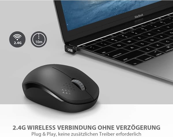 Stille 2,4 GHz trådløs mus med USB-mottaker for PC, bærbar PC, etc., svart