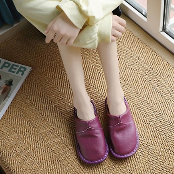 Mäns Mysiga Äkta Ko-Läder Hög Densitet Skum Anti-Halk Sula Tofflor Med Super Mjuk Foder Inomhus/Utomhus PURPLE SIZE 26 WOMEN