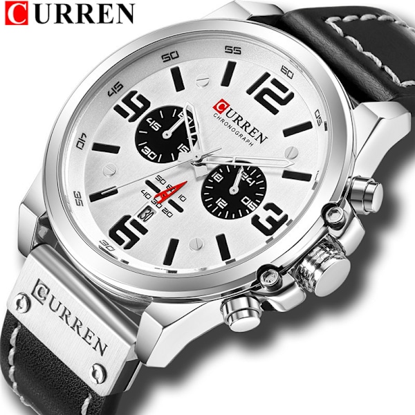 Mode Herrklocka Toppmärke Lyx Datum Quartz Klockor Herr Militär Läder Klocka Sport Man Armbandsur Black, white, silver