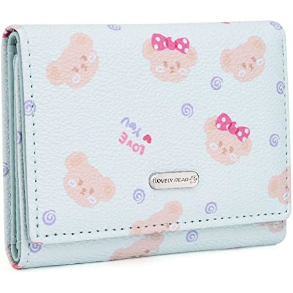 Kawaii Wallet For Girls Cute Bear Vegan Leather Card Holder Organizer Trifold Women Purse, Lovely Bear A916-786 Blue