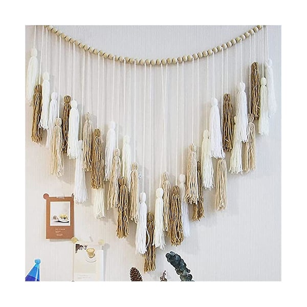 Makrame veggdekor 39x43in Boho vevd veggteppe Hvit Beige Khaki Macromay veggdekor med