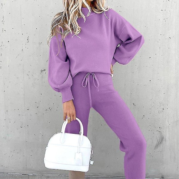 2pcs/set Womens Tracksuit Sweatshirt Tops + Drawstring Pants Set Lounge Wear Casual Jogging Outfits Purple 3XL