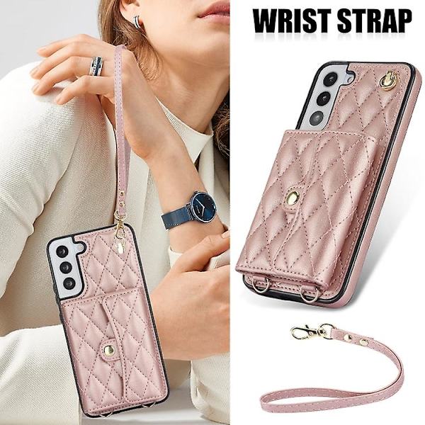 Horisontellt plånboksfodral i läder för Samsung Galaxy S22 5g, diagonalt bärbart, rombiskt Rose Gold