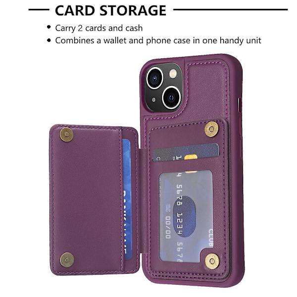 Bf25 för iPhone 14 Plus korthållare stativ telefonfodral kollisionstålig läderbelagd TPU-skydd Dark Purple