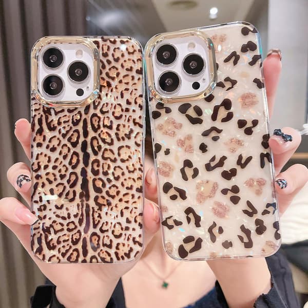 For iPhone 13 Pro-deksel Elektroplettering Linse Ramme PC+TPU IMD Telefondeksel Y4 Glitter Leopard