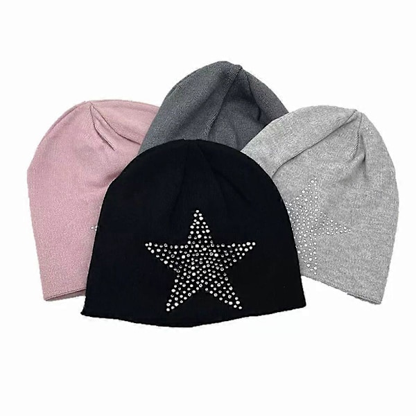 Dame Vinter Varm Strikket Beanie Lue Rhinestone Stjerne Slapp Skull Dobbeltsidig Lue black