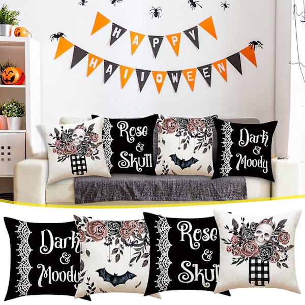 Halloween-dekor 4 stk Halloween-trykk putevar i lin, putetrekk til sofa, hjemmedekor, putetrekk til familie