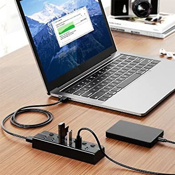 6-port USB 3.0 -keskitin, USB-jakaja kannettavalle tietokoneelle, yksittäisillä kytkimillä ja valolla, 3ft kaapeli, US