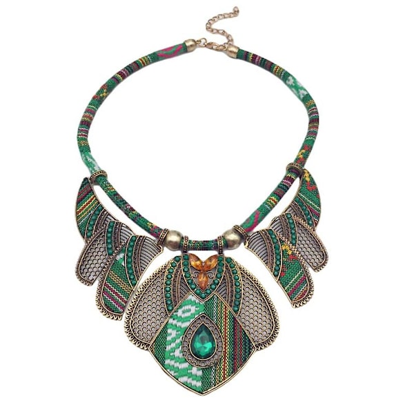 Vintage Damhalsband med Strasshänge Bib Halsband Statement Tribal Smycken Present Green