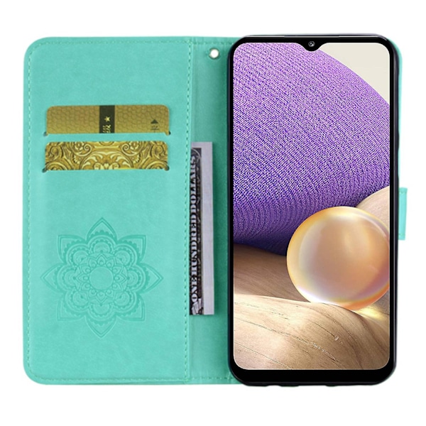 Til Samsung Galaxy A14 5g Rhinestone Decor Scratch Resistant Telefon Cover, Imprinting Owl Flower Pattern Stand Wallet Læder Etui Cyan