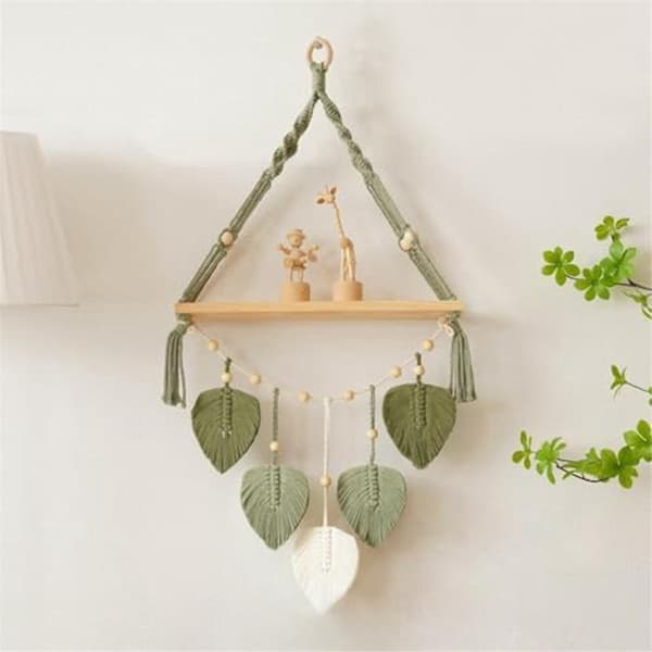 Macrame väggmonterad hylla - Boho växt hängande hyllor med handgjorda vävda blad, rustik trä S
