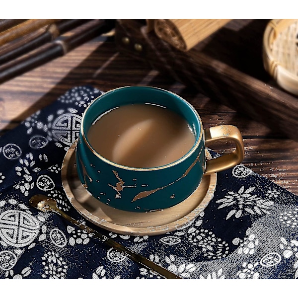 Cappuccino-kopper med skål, espressokopper i porselen til te, kaffe, cappuccino, kaffekopper med treskive - grønn, 300 ml