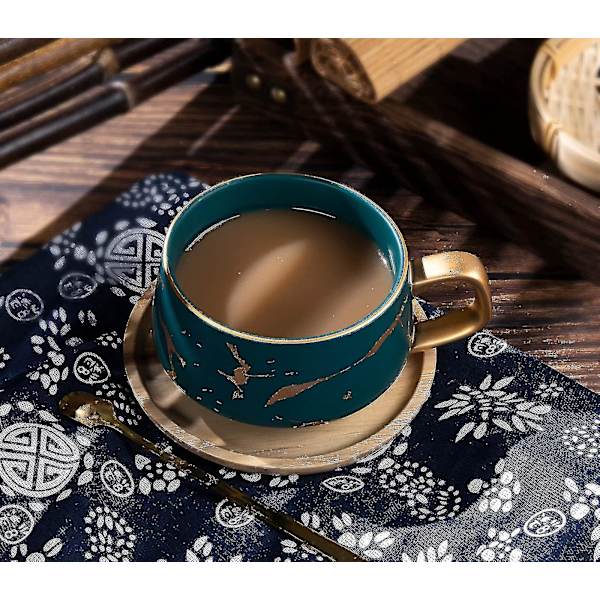 Cappuccino Kopper Med Underkopper, Porcelæn Espresso Kopper Til Te Kaffe Cappuccino, Kaffe Kopper Med Træskive - Grøn, 300 Ml